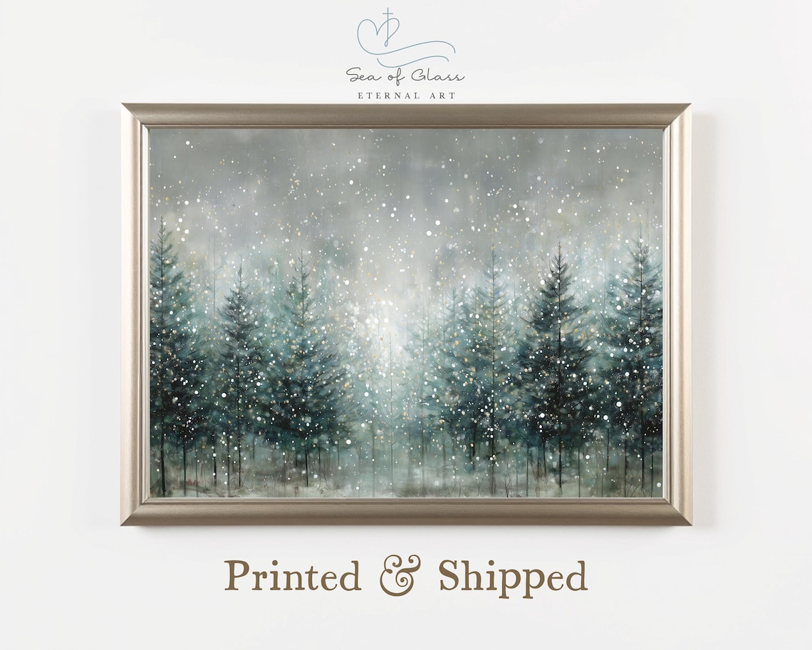 Snowy Pine Forest Falling Snow Winter Wonderland Scene Art Poster