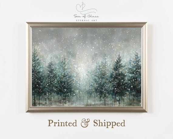 Winter Forest Print Snowy Pine Trees Minimalist Cabin Decor