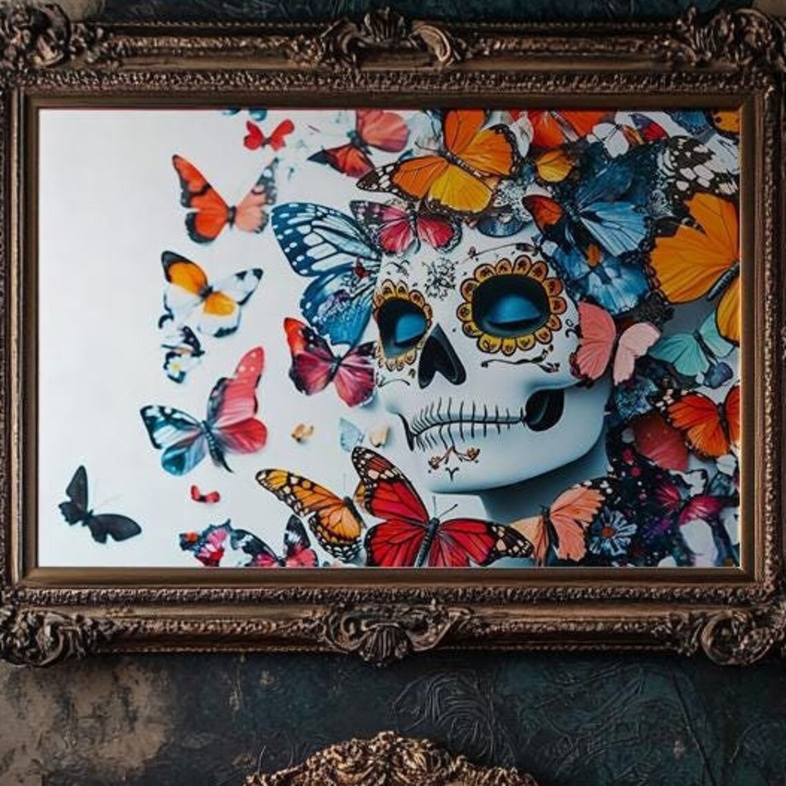 Sugar Skull Colorful Butterflies Day of the Dead Vibrant Art Poster - Image 2