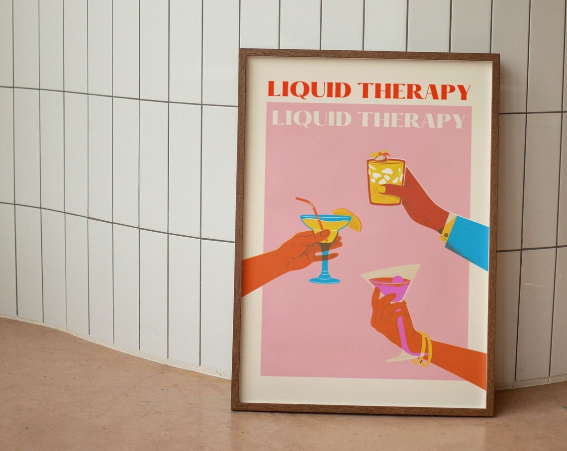 Liquid Therapy Toasting Cocktails Retro Bar Cart Drink Poster