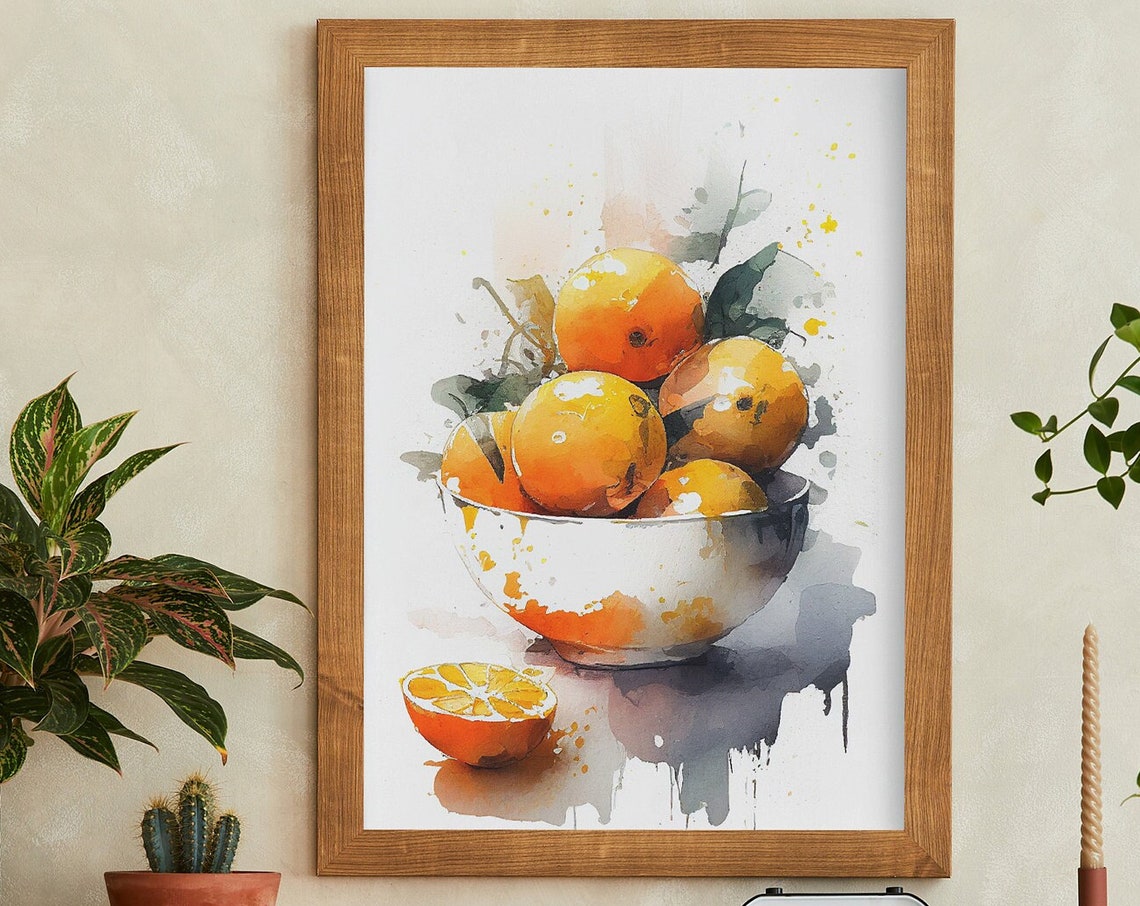 Bright Watercolor Oranges Bowl Fresh Citrus Fruit Kitchen Wall Art