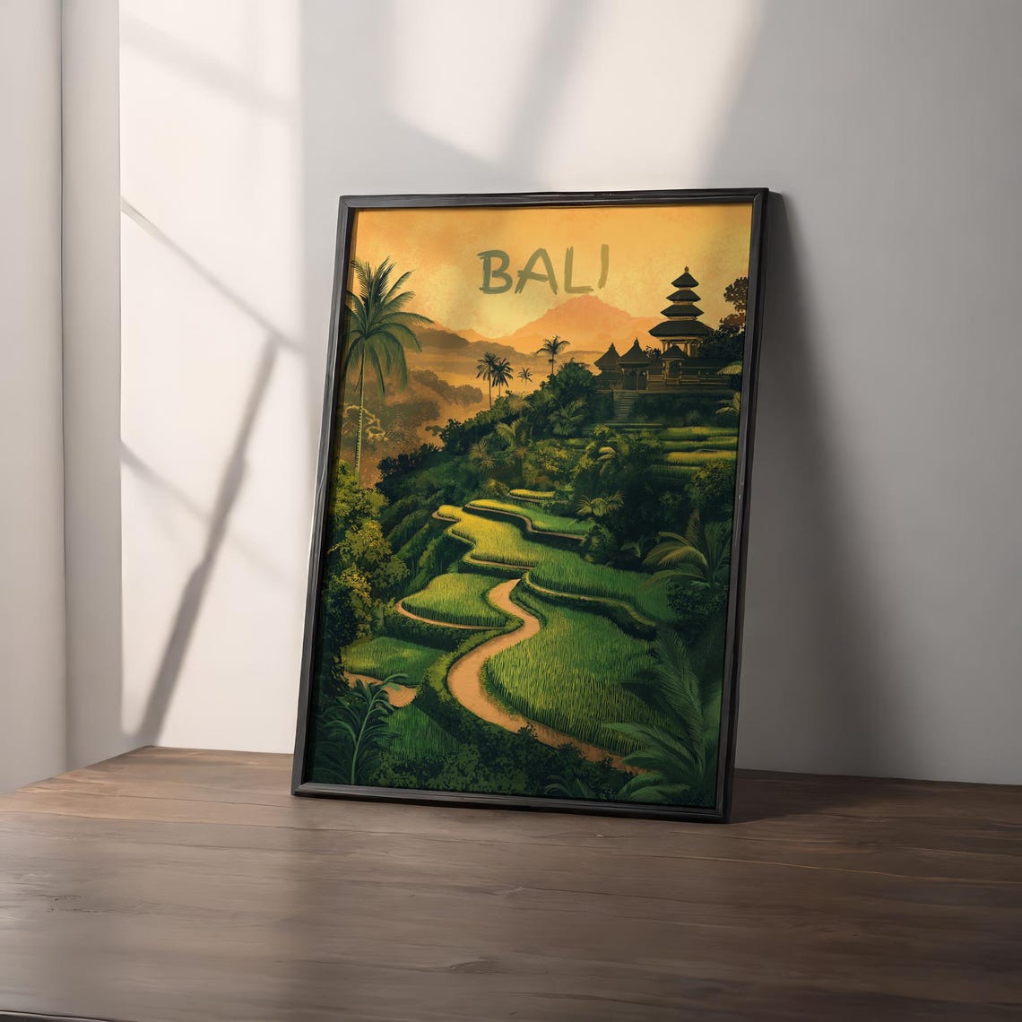 Bali Indonesia Rice Terraces Temple Volcano Sunset Travel Poster - Image 2