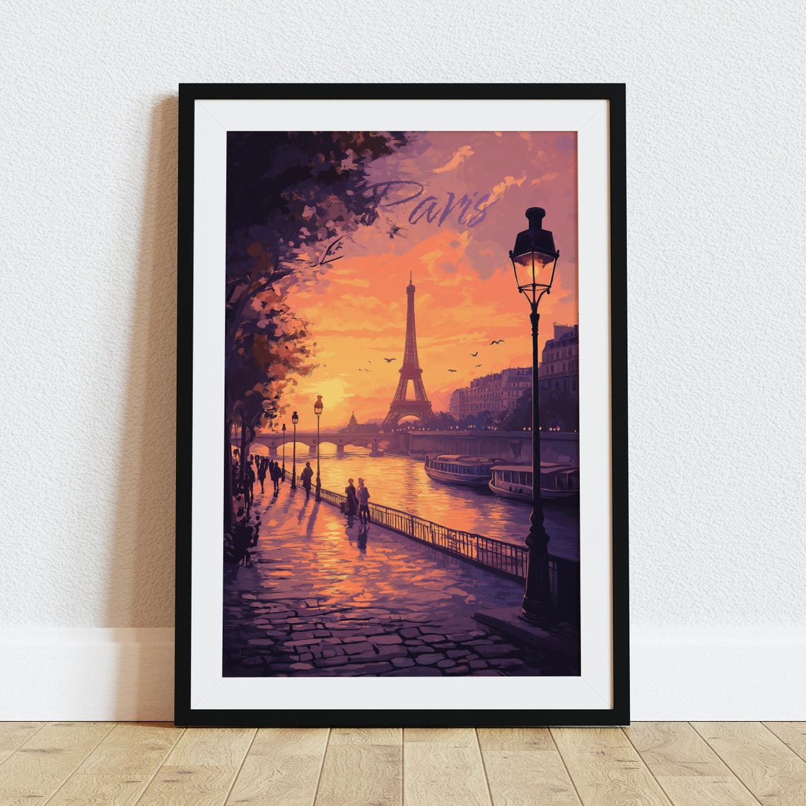 Paris Eiffel Tower Seine Sunset Promenade Romantic Travel Poster