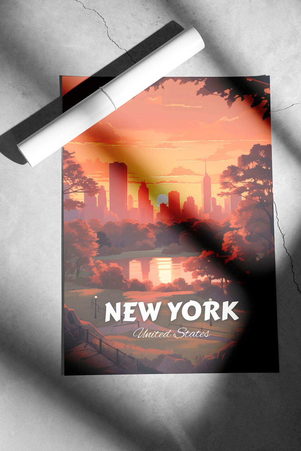New York City Central Park Sunset Skyline Vintage Travel Poster - Image 2