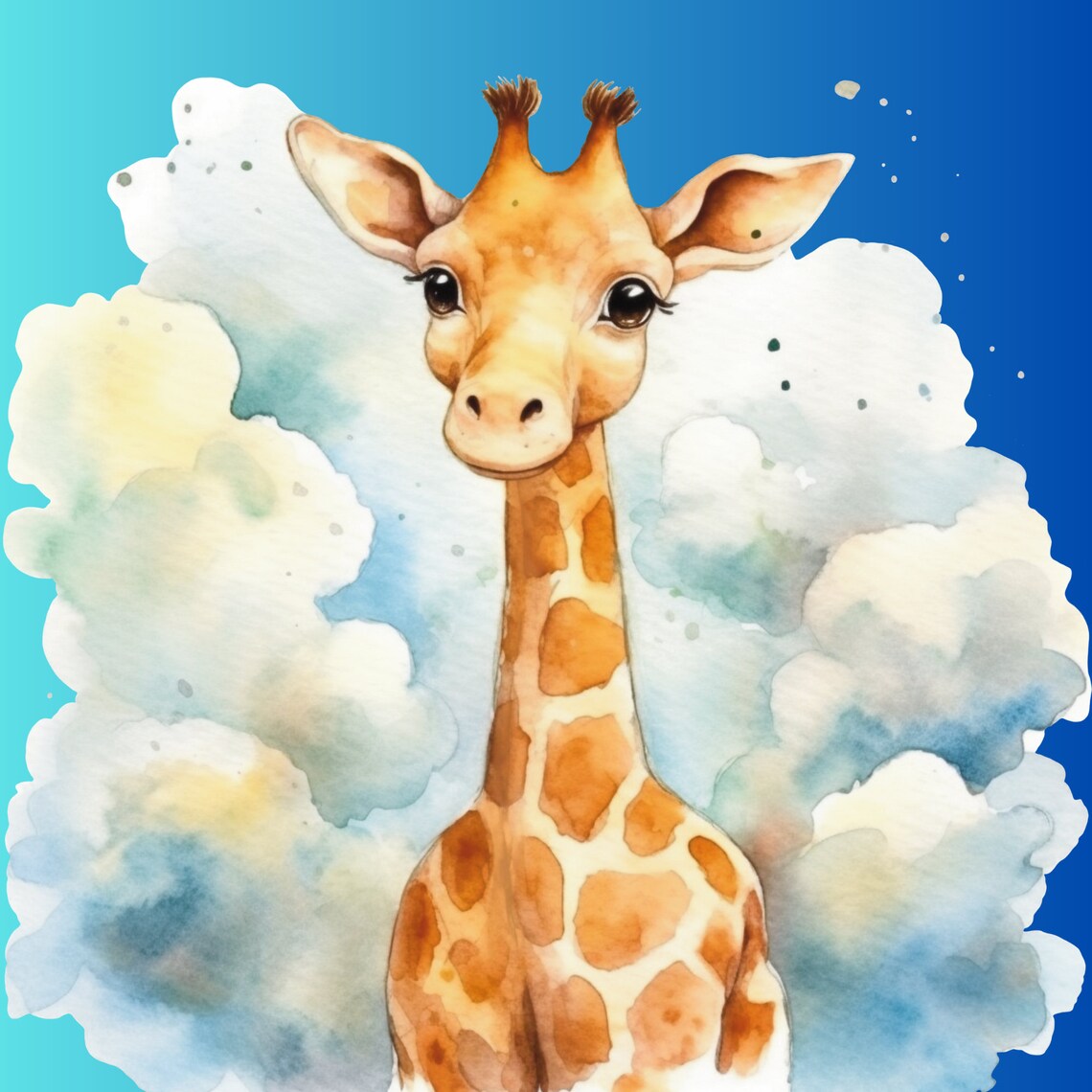 Adorable Baby Giraffe Watercolor Clouds Nursery Animal Poster - Image 2