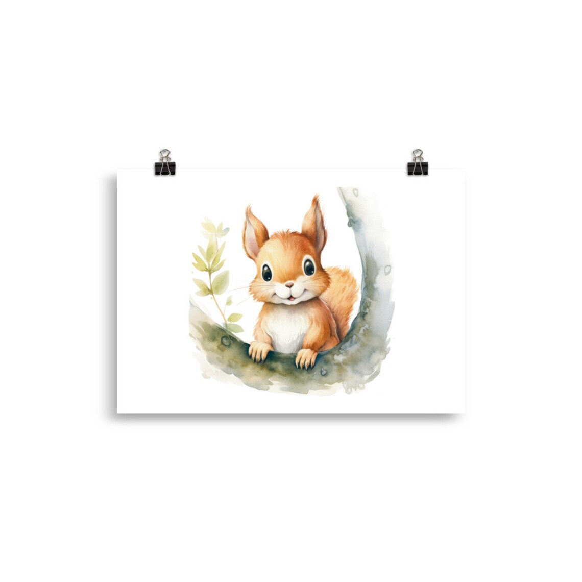 Cute Baby Squirrel Watercolor Tree Branch Nursery Animal Poster - Image 2