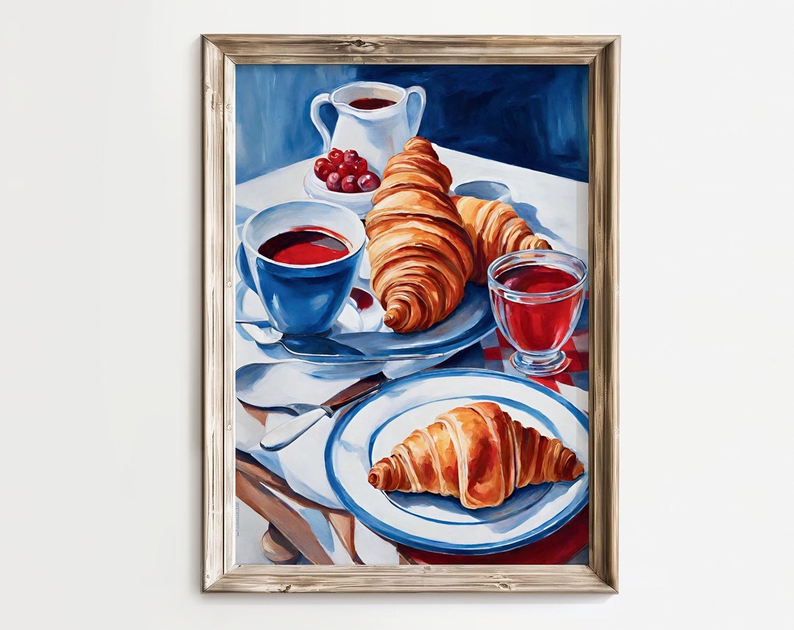 French Breakfast Croissants Still Life Blue Red Kitchen Art Poster