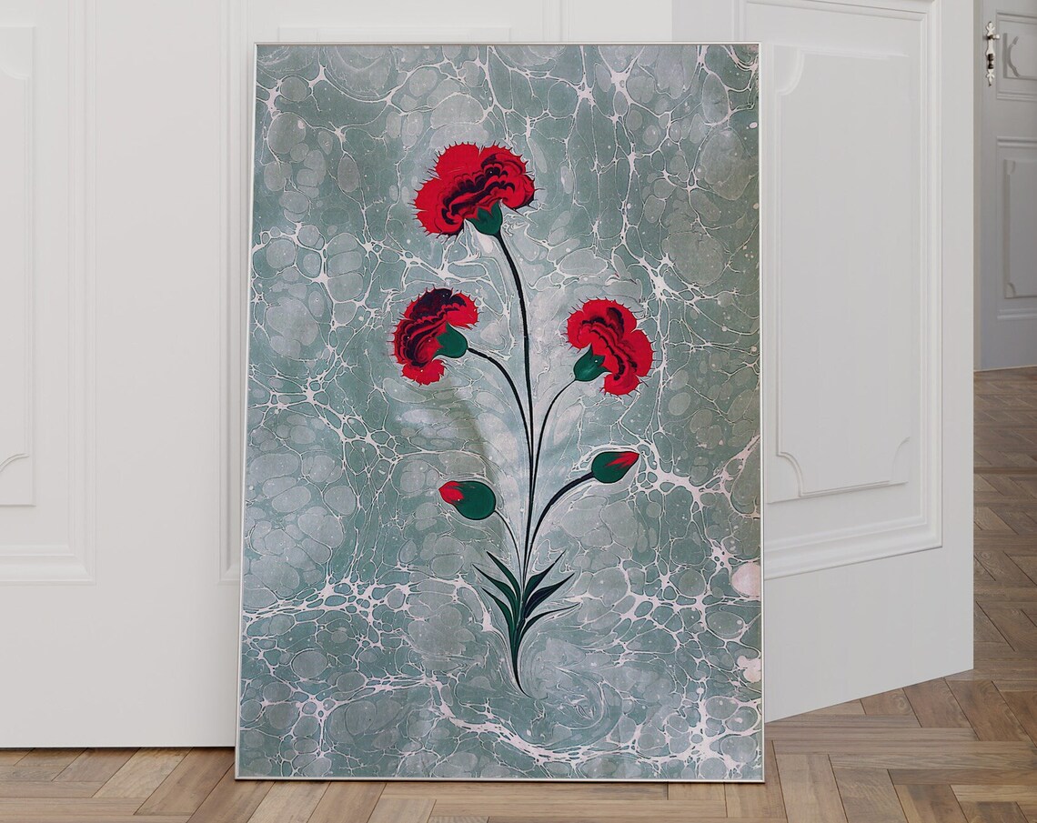 Red Carnations Sage Green Marbled Background Floral Art Wall Poster