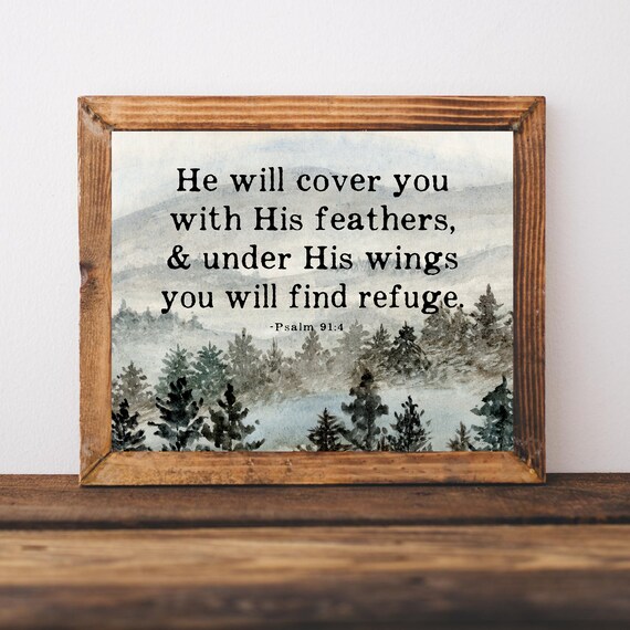 Psalm 914 Christian Gift For Men He Will Cover You With His Feathers Bible Verses Boys Nursery Mountain Faith Wall Art Print