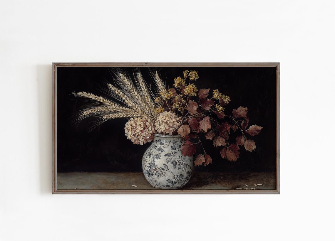 Moody Autumn Still Life with Wheat and Leaves Dark Art Poster - Image 2