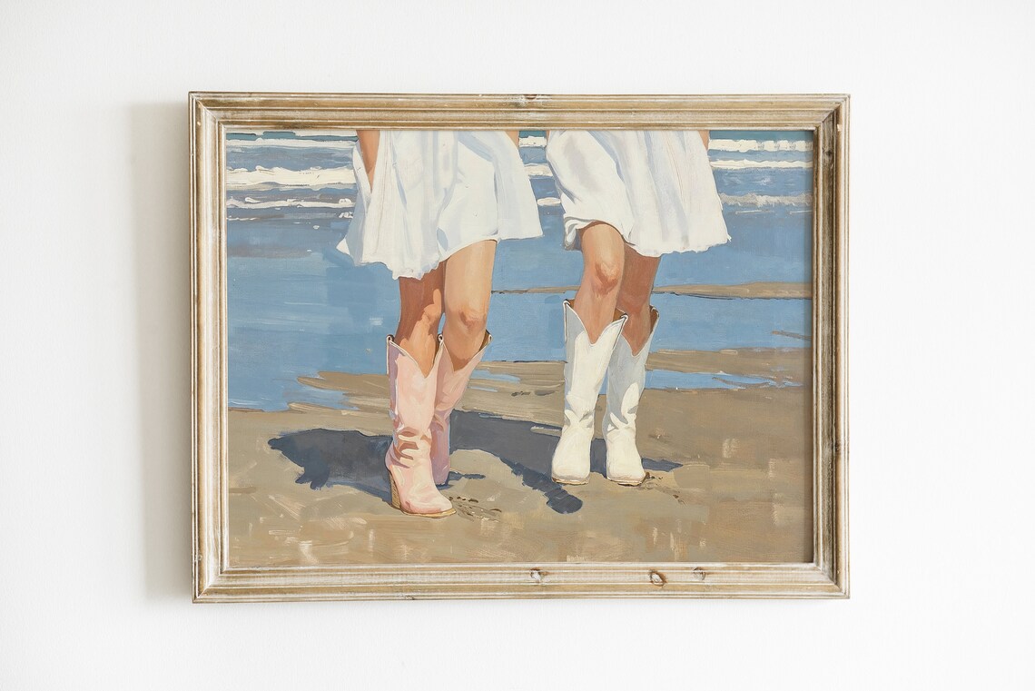 Cowgirl Boots Beach Walk Pink White Western Coastal Art Poster - Image 2