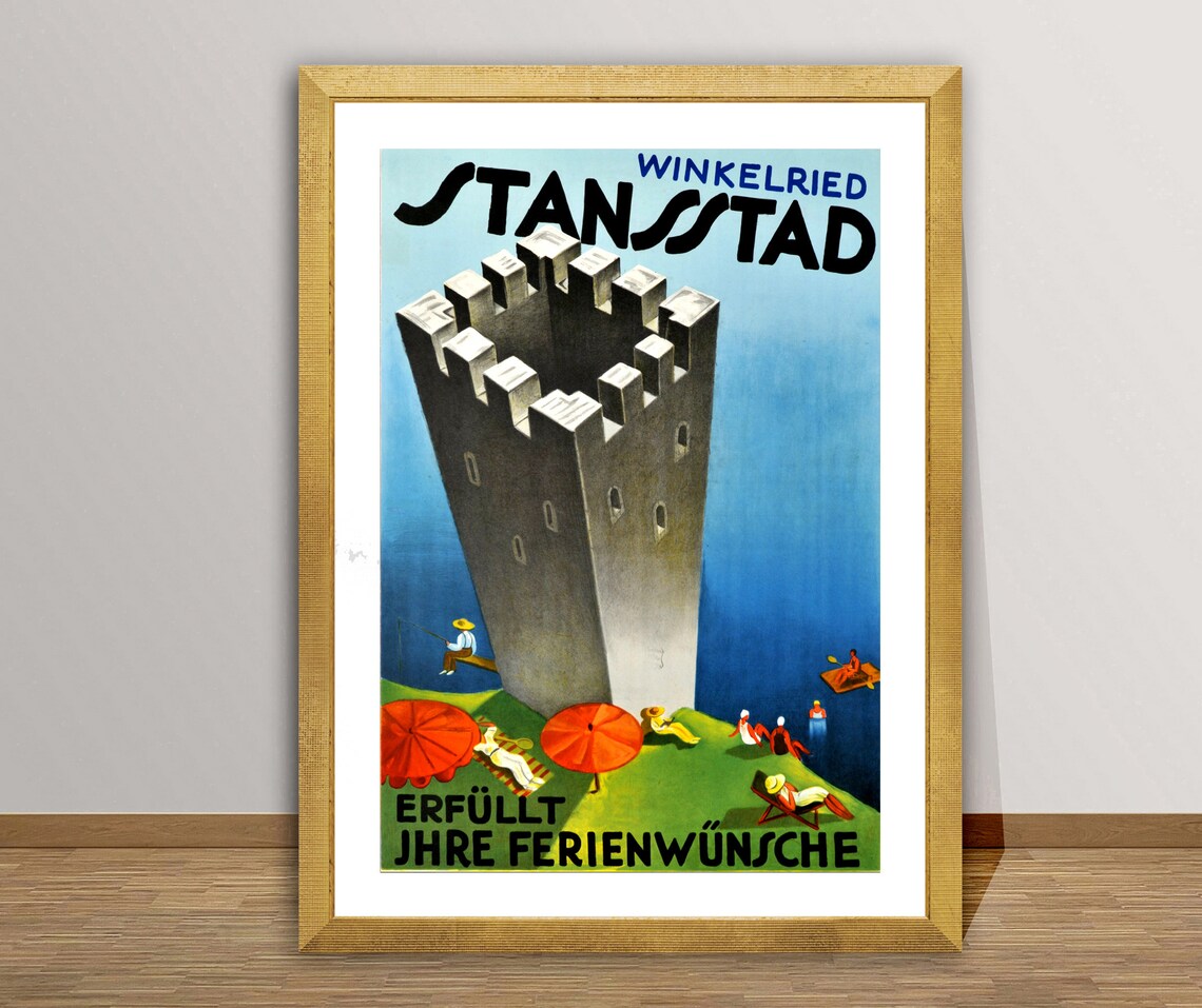 Winkelried Stansstad Lakeside Tower Beach Bathers Swiss Travel Poster