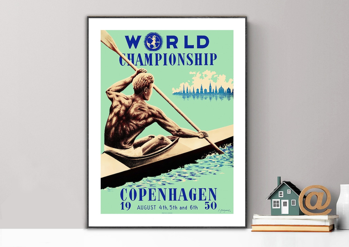 1950 World Championship Kayak Poster Copenhagen Paddler in Action