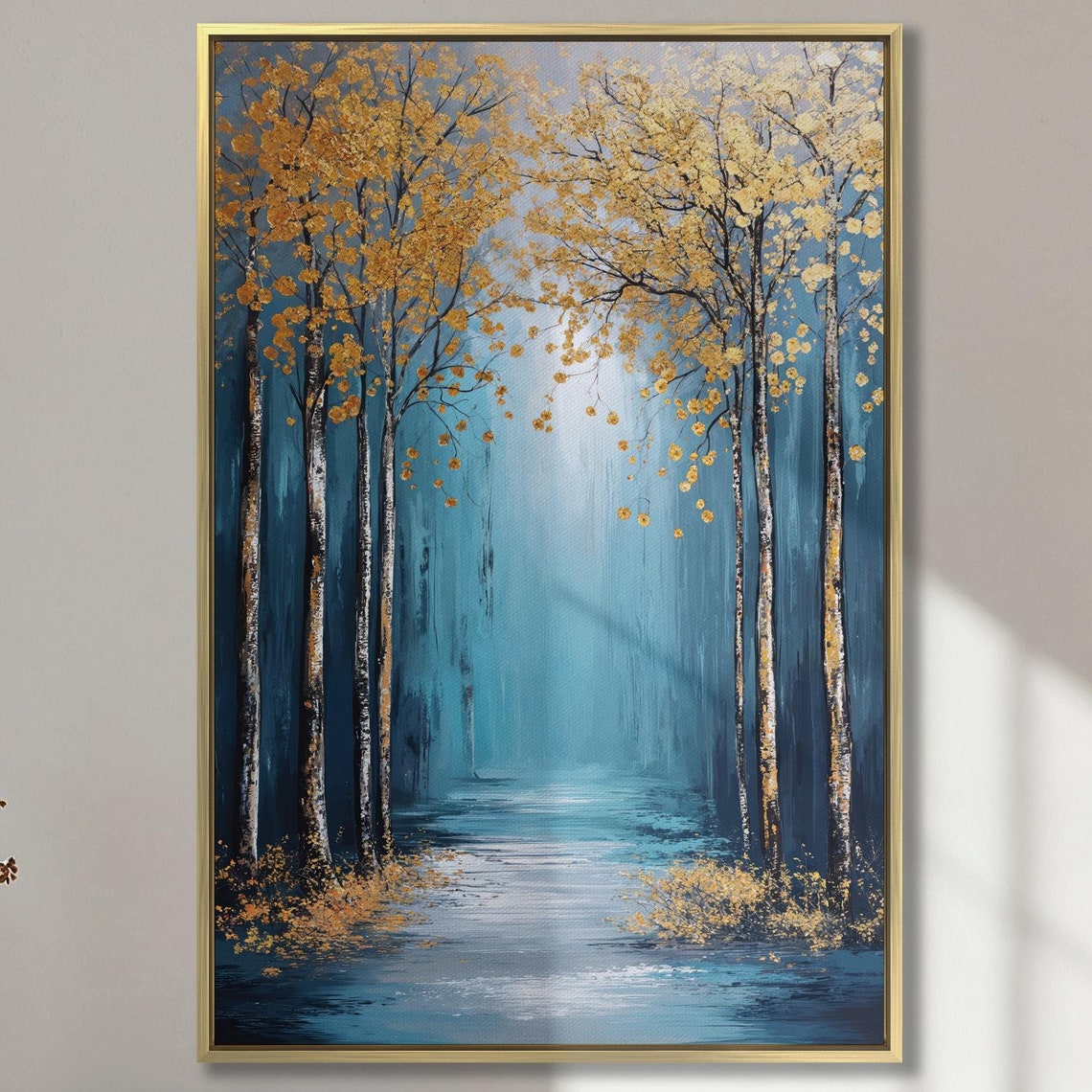 Abstract Forest Wall Art Golden Trees On Blue Background Painting Print Nature Wall Decor Modern Woods Scenery Poster Ready To Hang