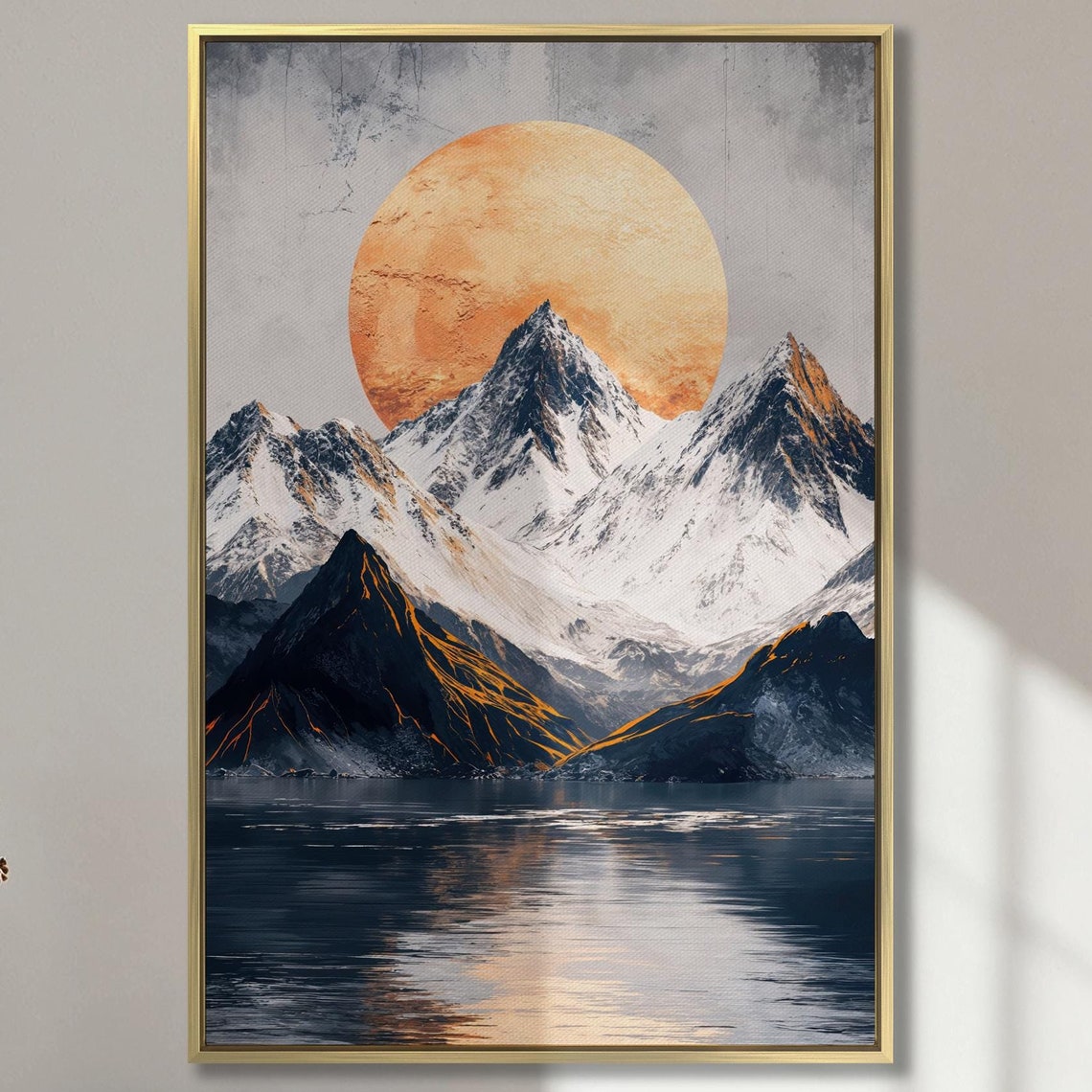 Orange Sun Over Snowy Mountain Peaks With Lake Reflection Poster