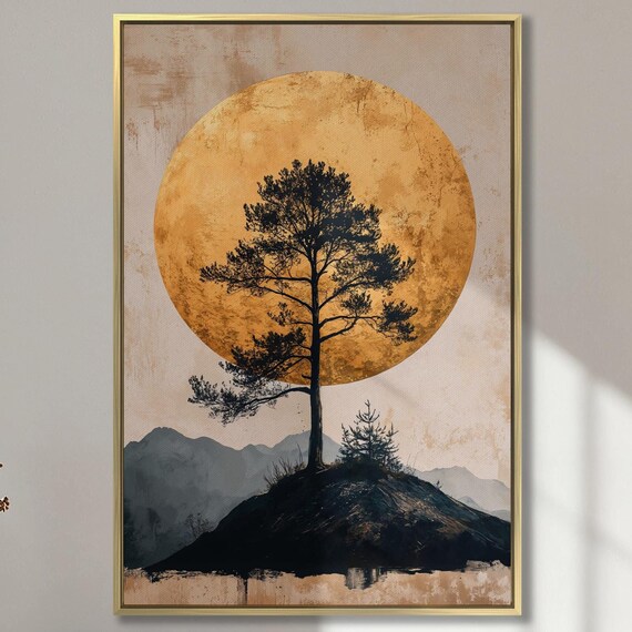 Lone Tree Against Golden Moon Wall Art Serene Landscape Painting Print Luxury Wall Decor Nature Large Poster Ready To Hang Gift Idea