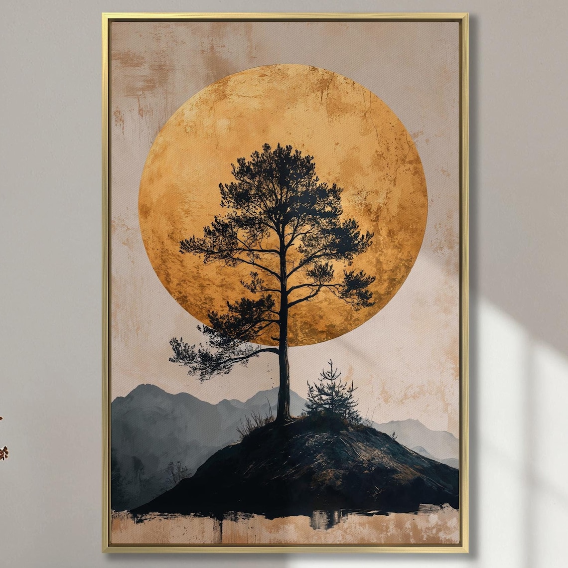 Lone Pine Tree Silhouette Against a Golden Moon Circle Poster