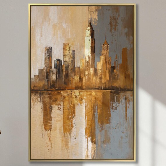 Abstract Golden Cityscape Wall Art City Skyline Reflection Painting Print Luxury Wall Decor Skyscrapers Poster Ready To Hang Gift