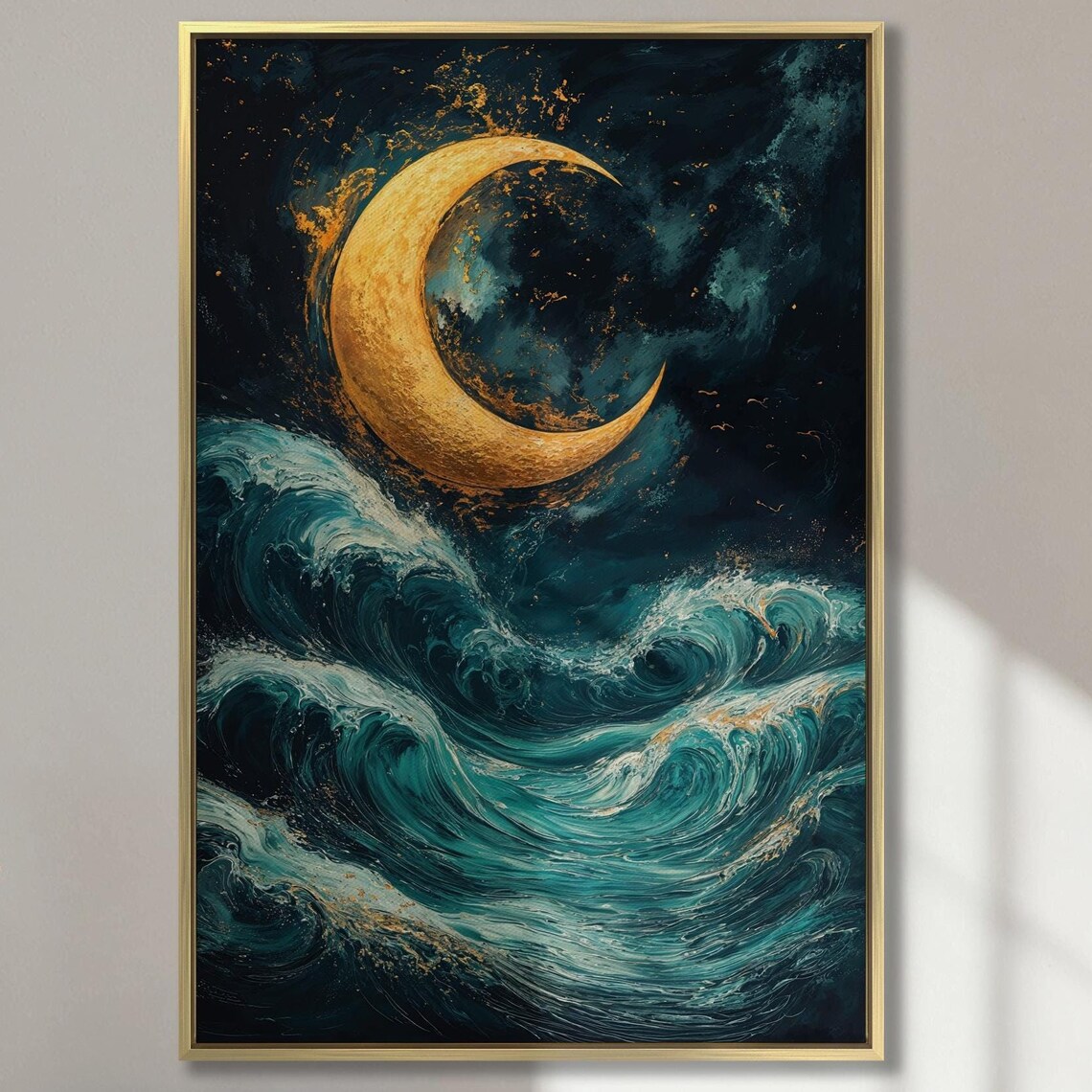 Golden Crescent Moon Over Teal Ocean Waves at Night Sky Poster