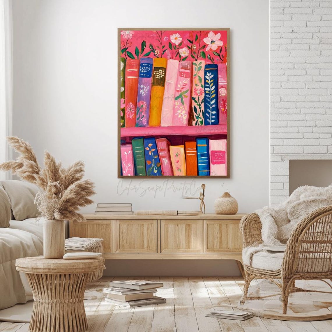 Pink Floral Bookshelf Painting Colorful Botanical Books Wall Art - Image 2