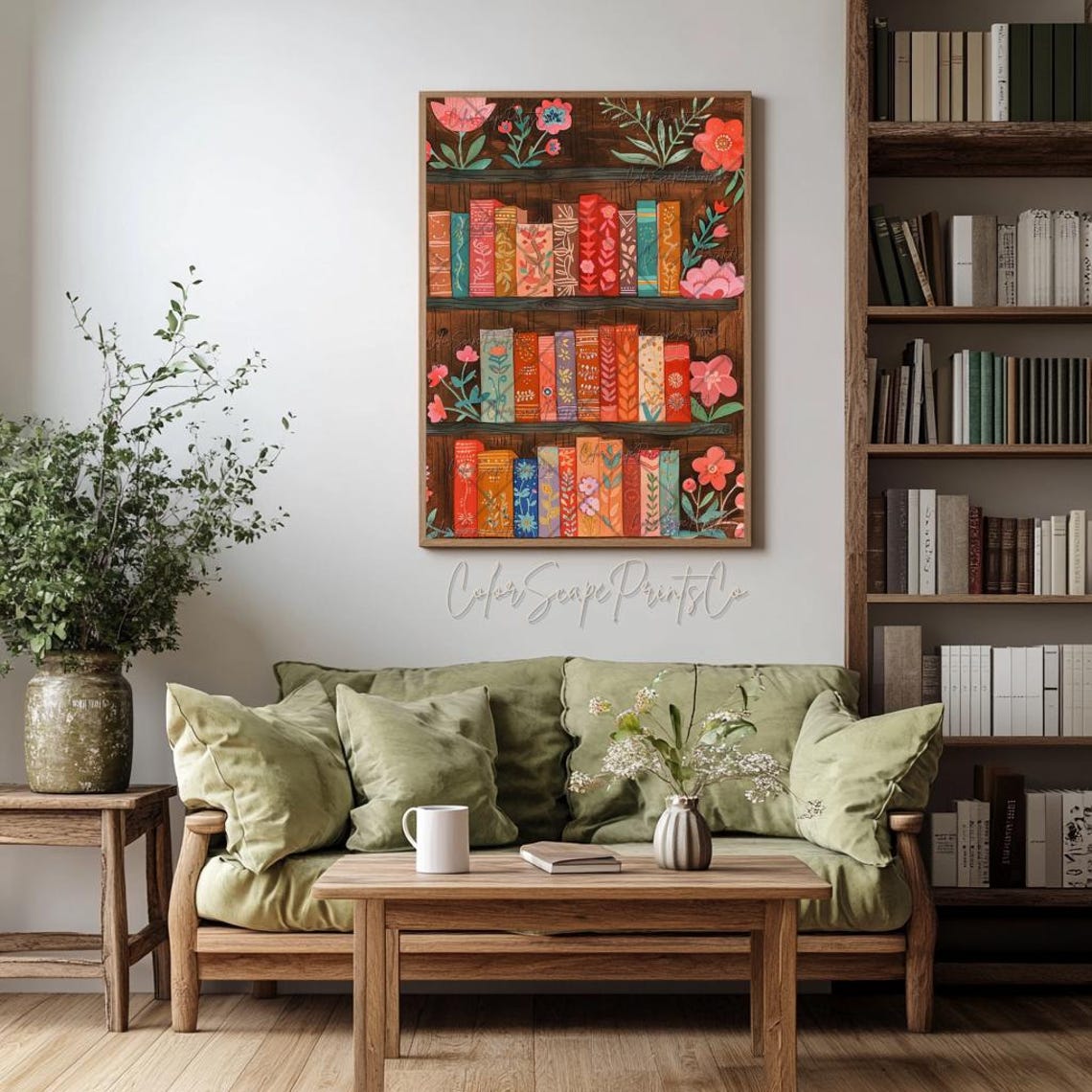 Cozy Colorful Books on Wooden Shelf Library Reading Nook Poster - Image 3
