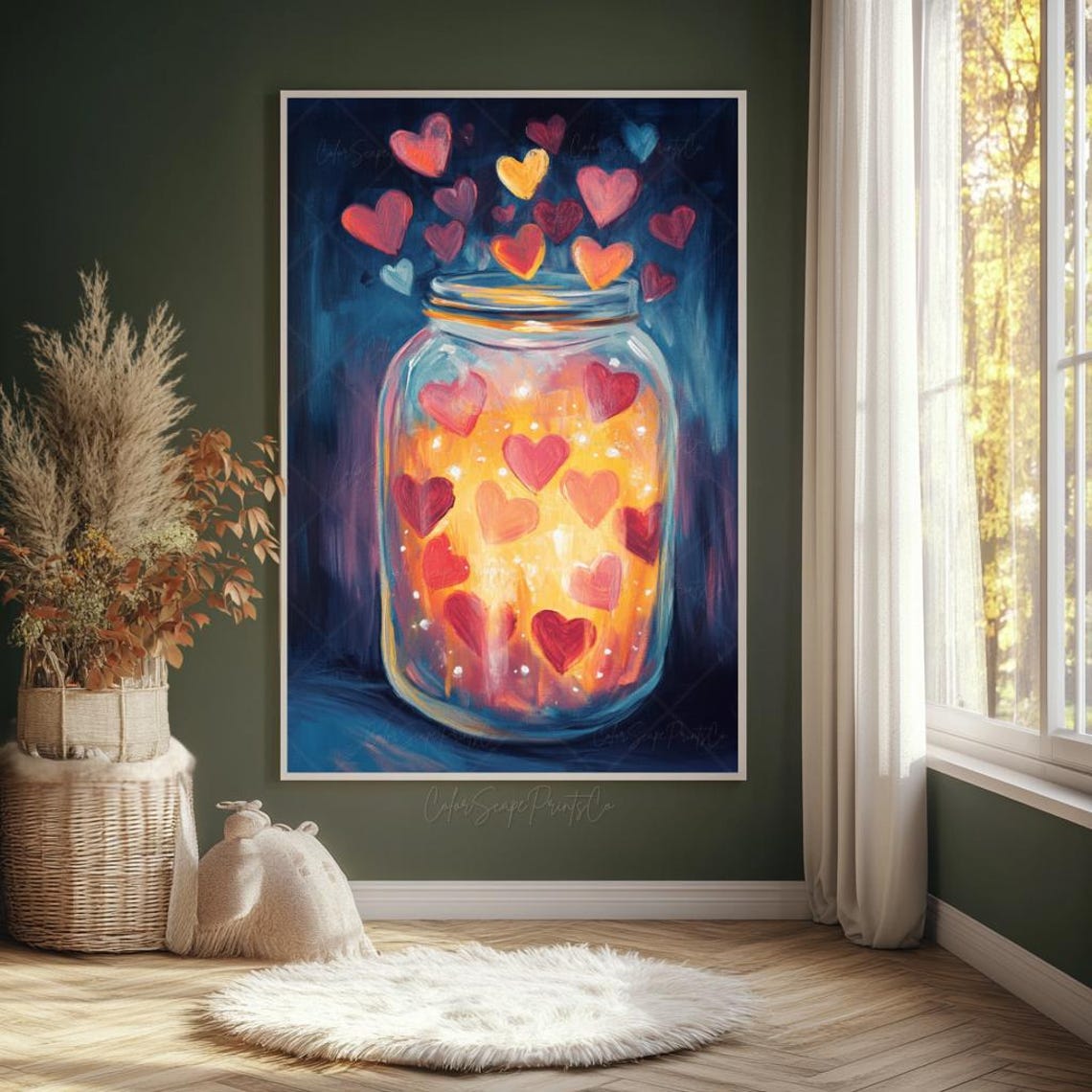 Glowing Hearts Mason Jar Painting Moody Romantic Valentine Wall Art - Image 4
