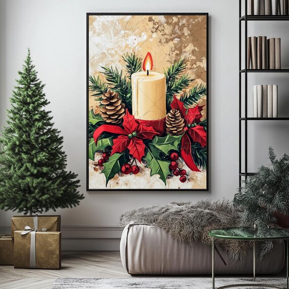 Christmas Candle Poinsettia Poster Holiday Pinecone Winter Decor