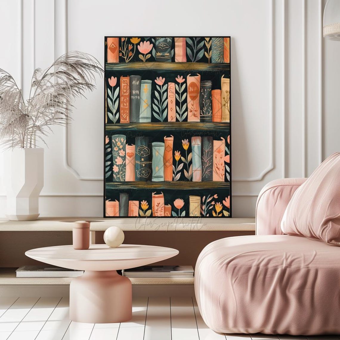 Dark Academia Bookshelf Illustrated Books and Flowers Poster - Image 2