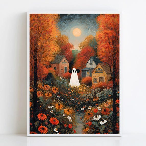 In Wildflowers Print Moody Autumn Village Art Cute Wall Folk Halloween Moonlight Whimsical Fall