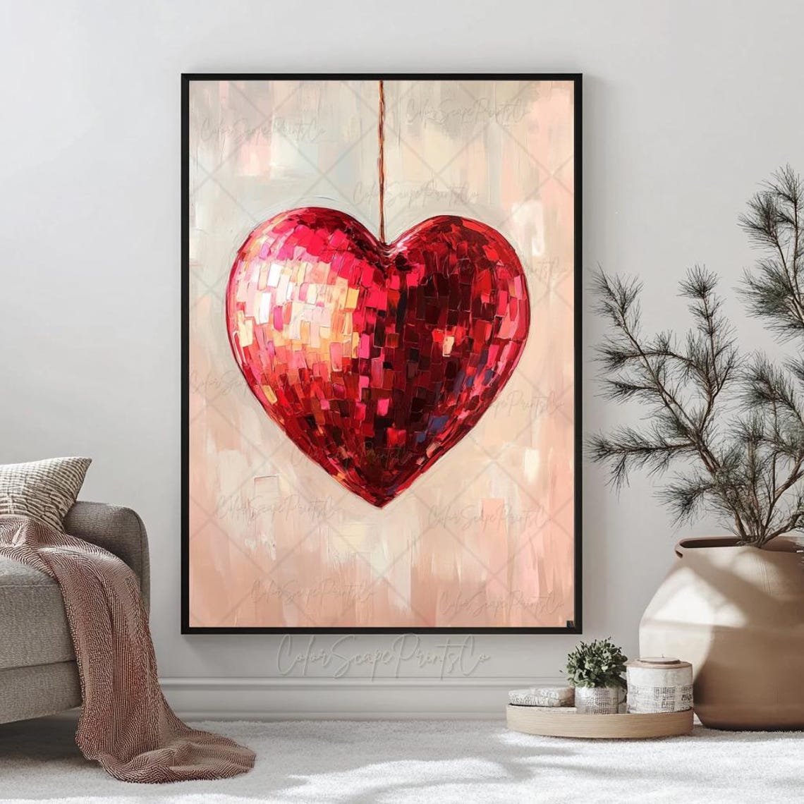 Red Heart Disco Ball Painting Mirror Heart Valentine Retro Wall Art - Image 3