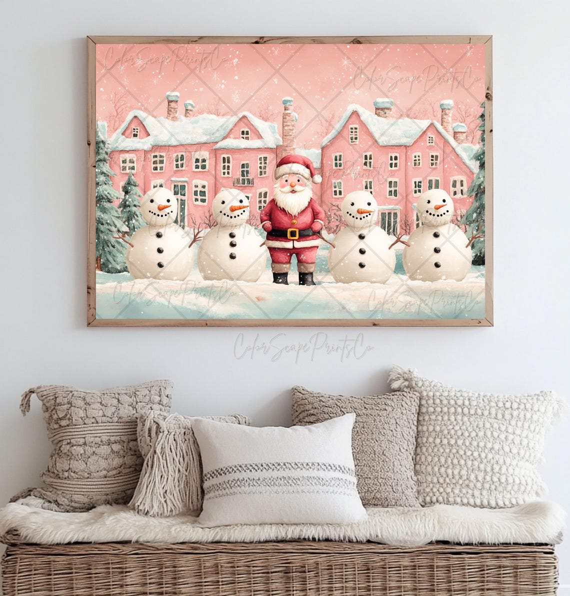 Santa Claus In Christmas Village Painting Pink Santa Claus Painting Cottage Holiday Decor Pink Winter Village Print Snowy Landscape Print - Image 3
