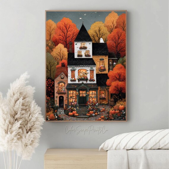 Cozy Autumn Village Cottages At Dusk Pumpkin Glow Fall Street Print