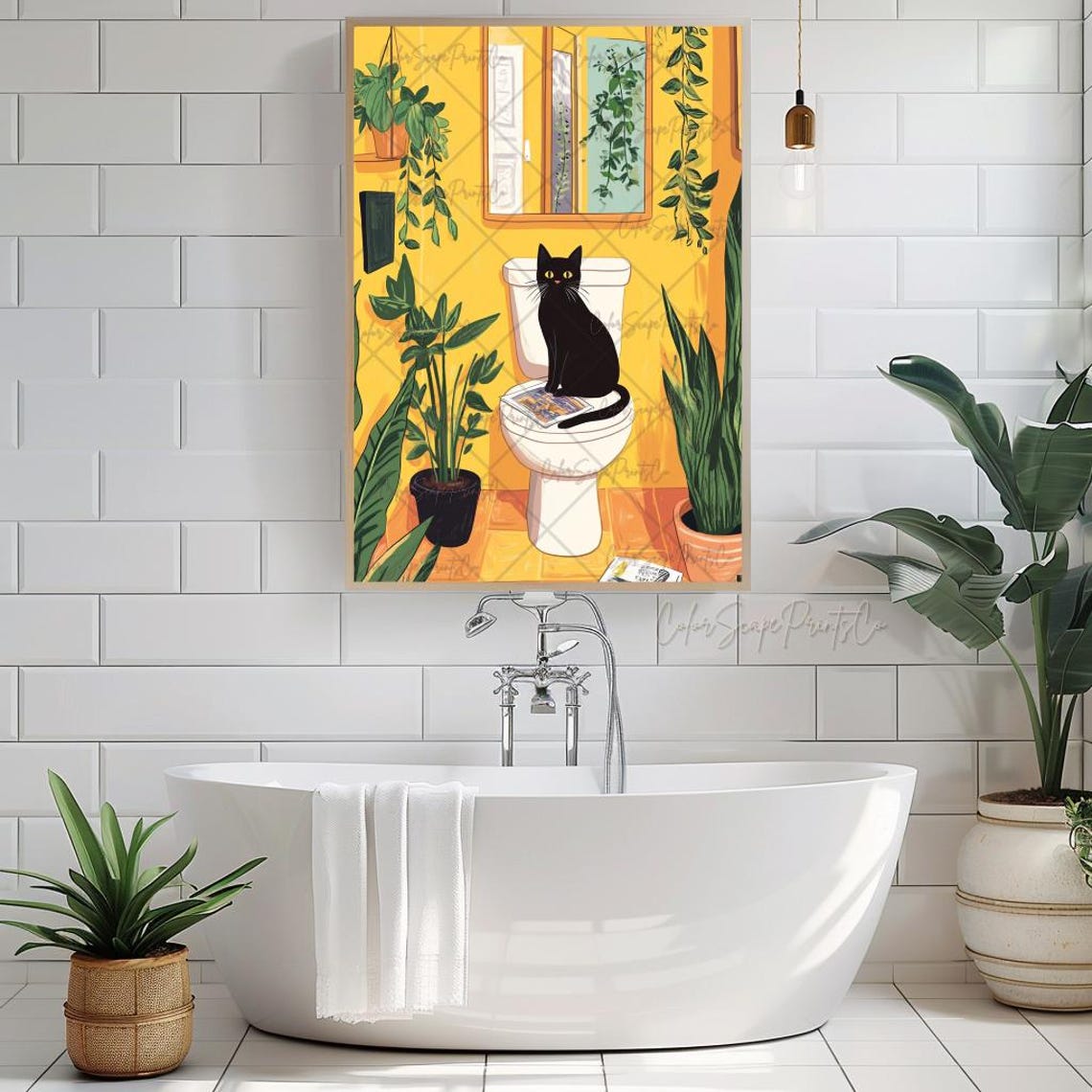 Black Cat Reading Newspaper on Toilet Yellow Bathroom Poster - Image 3