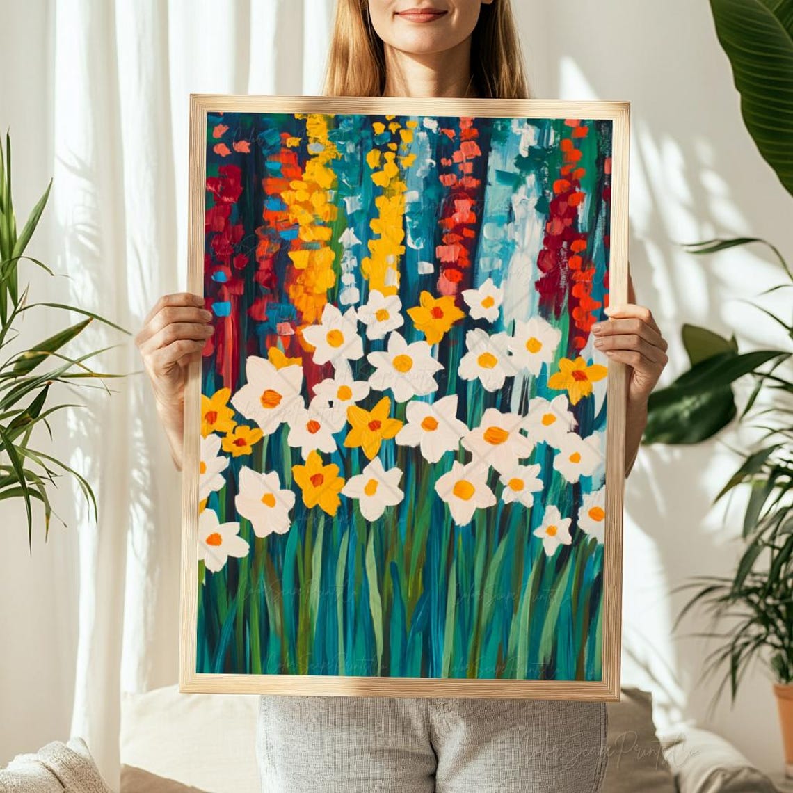 Daffodil Field Painting Bold White Yellow Flowers Impasto Wall Art - Image 3