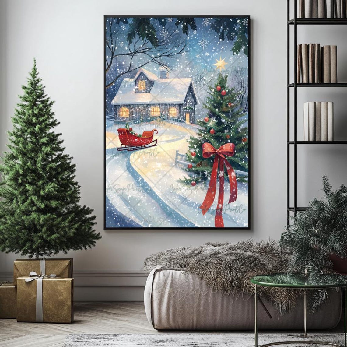 Snowy Christmas Cabin Scene with Red Sleigh and Tree Watercolor Poster - Image 2