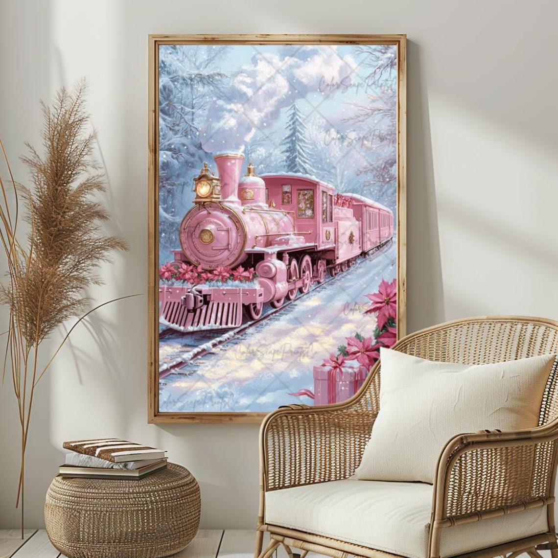 Pink Christmas Train Snowy Forest Steam Locomotive Holiday Poster - Image 2