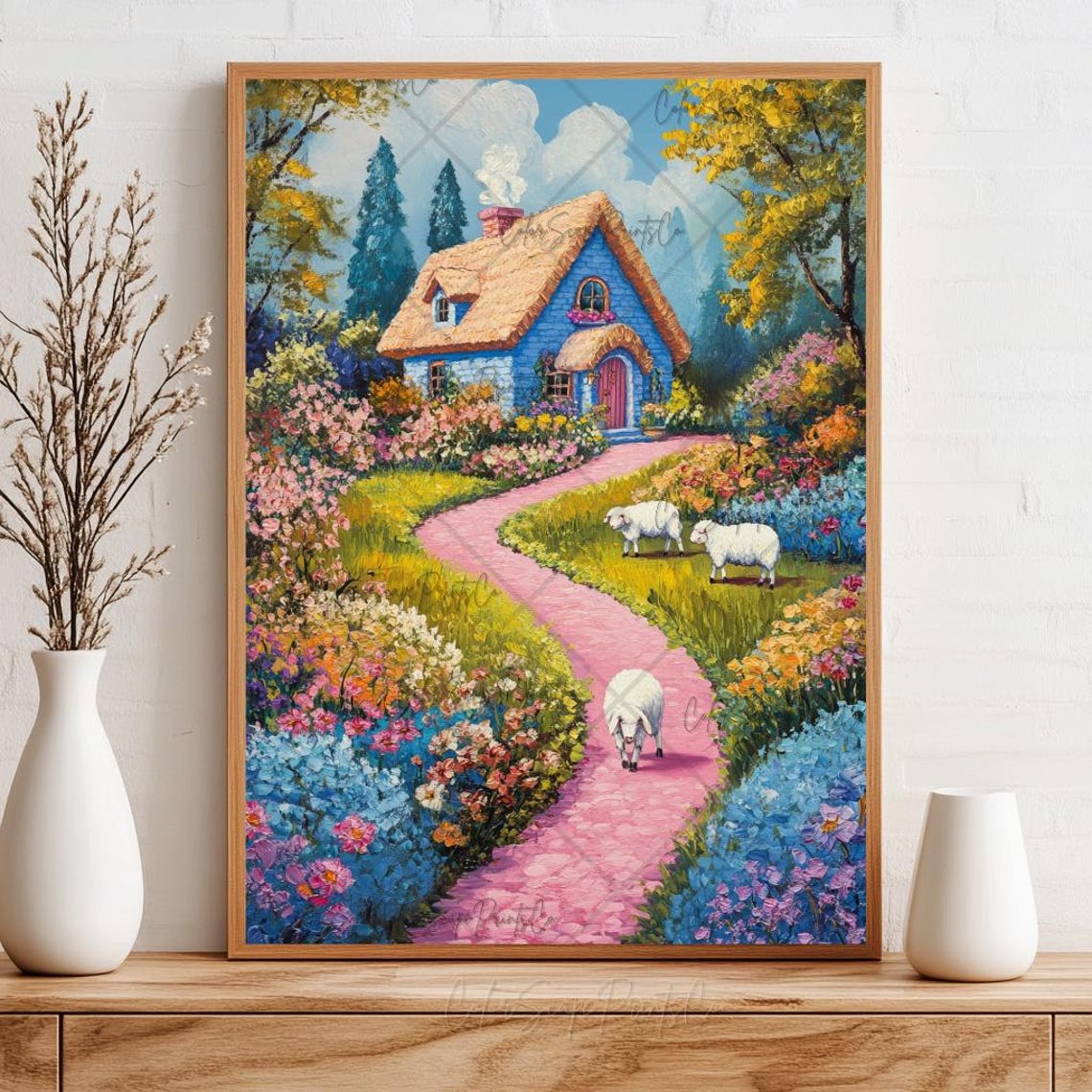 Blue Cottage Garden with Pink Path and Sheep Storybook Poster - Image 2