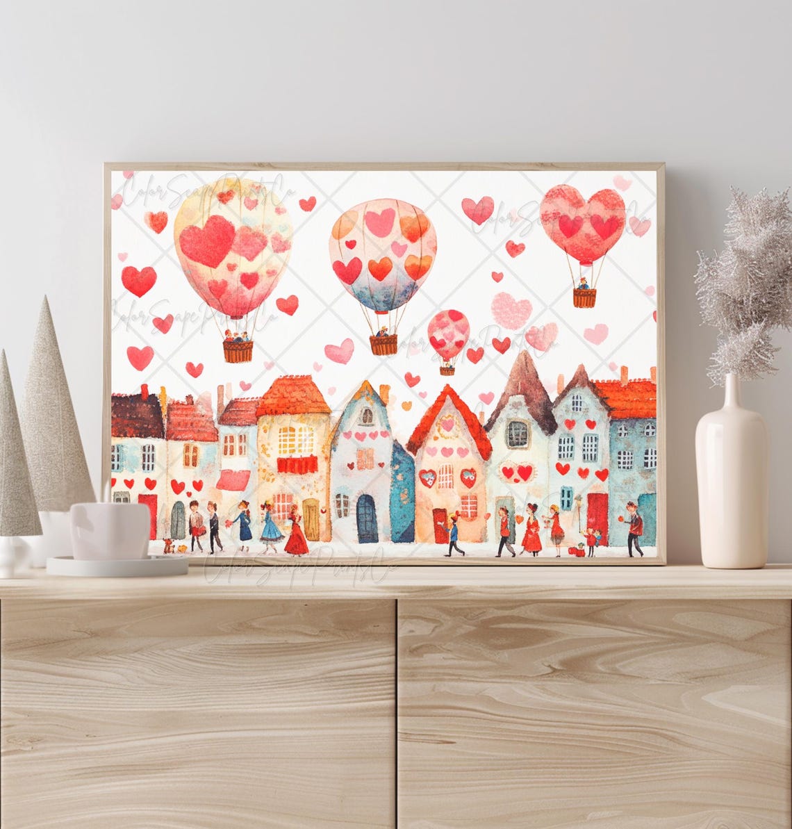 Valentine Village Love Heart Hot Air Balloons Watercolor Poster - Image 2