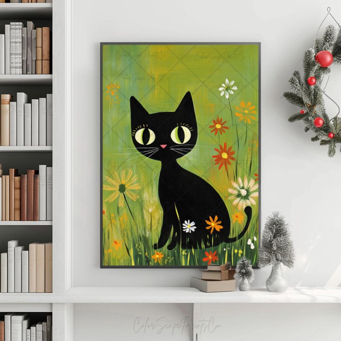 Flower Cat Painting Black Cat Print Garden Cat Print Cat In Garden Print Enchanted Garden Cat Floral Black Cat Nursery Art Cat Lover Present - Image 2