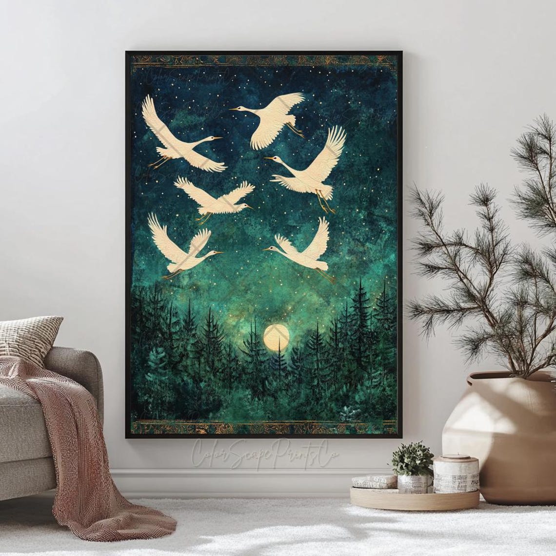 Seven White Cranes Flying Over Moonlit Pine Forest Night Poster - Image 2