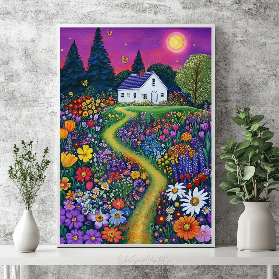 Cottage Path Through Wildflower Garden Sunset Purple Sky Poster - Image 4