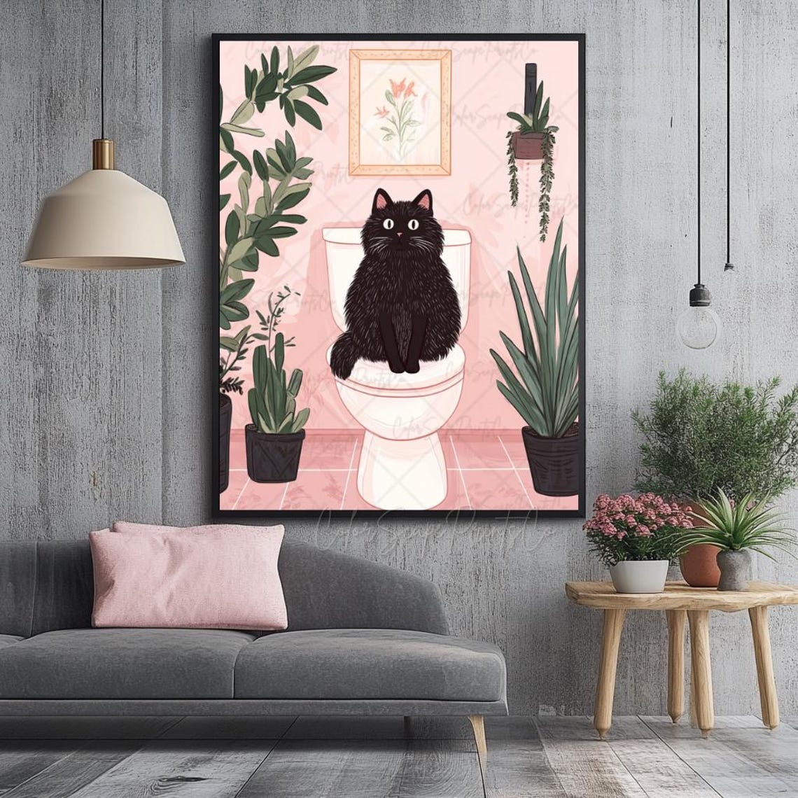 Funny Black Cat Sitting on a Toilet Pink Bathroom Plants Poster - Image 2