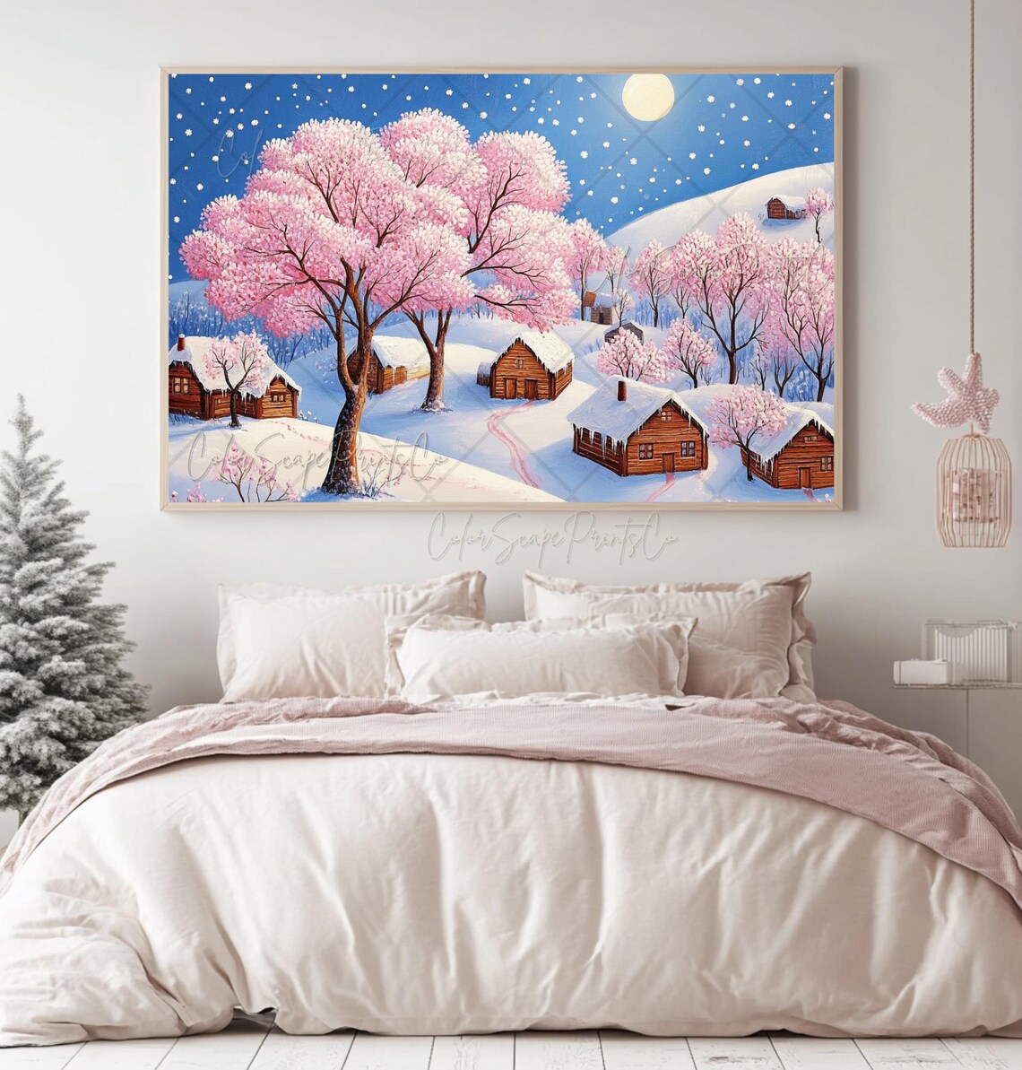 Pink Christmas Village Wall Art Whimsical Winter Wonderland Winter Landscape Pastel Christmas Wall Art Pink Trees Snowy Landscape Painting - Image 3
