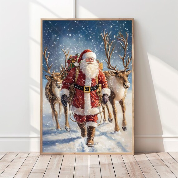 Vintage Santa Claus With Reindeer Walking In Snowfall Poster