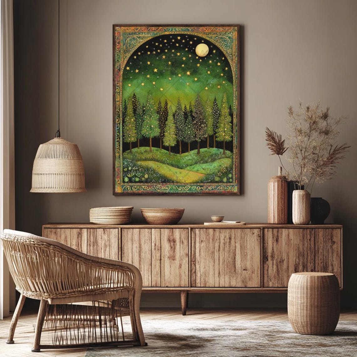 Enchanted Forest Full Moon Gold Stars Ornate Border Art Poster - Image 3
