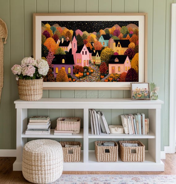 Autumn Village Painting Warm Landscape Art Print Cozy Fall Houses Wall Pumpkin Halloween Whimsical