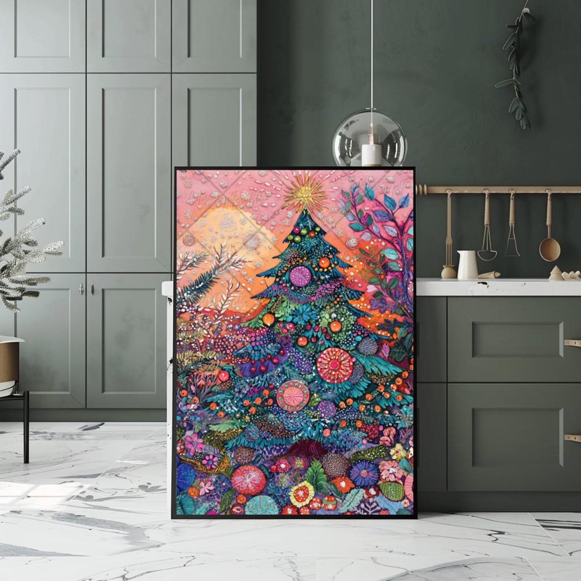 Whimsical Christmas Tree Colorful Boho Holiday Watercolor Poster - Image 2