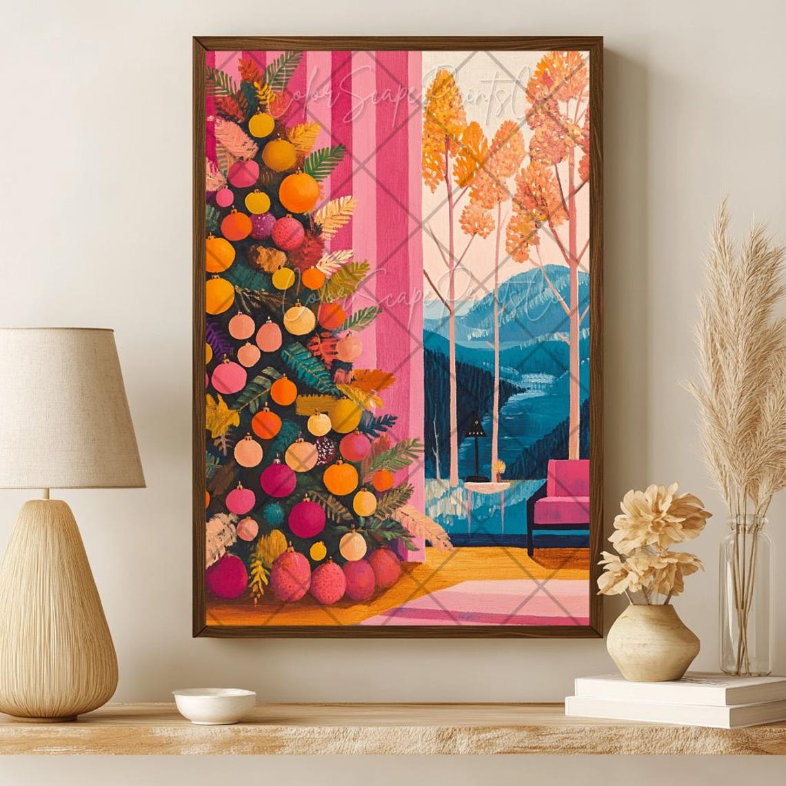 Bold Pink Orange Christmas Tree by Window Overlooking Mountains Poster - Image 2