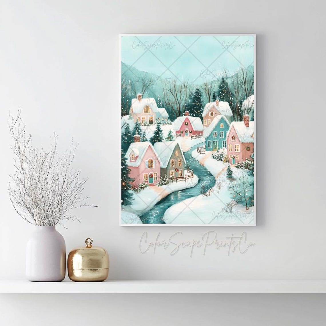 Pink Christmas Landscape Painting Snowy Winter Landscape Print Pink Christmas Wall Art Festive Village Print Christmas Town Art Holiday Art - Image 2