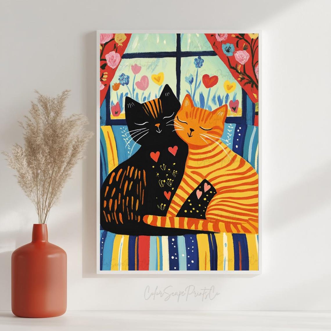 Valentine Cat Poster Colorful Cat Painting Romantic Cat Couple Art Black Cat Valentine Print Matisse Cat Poster Tabby Cat Art Meowentine Art - Image 2